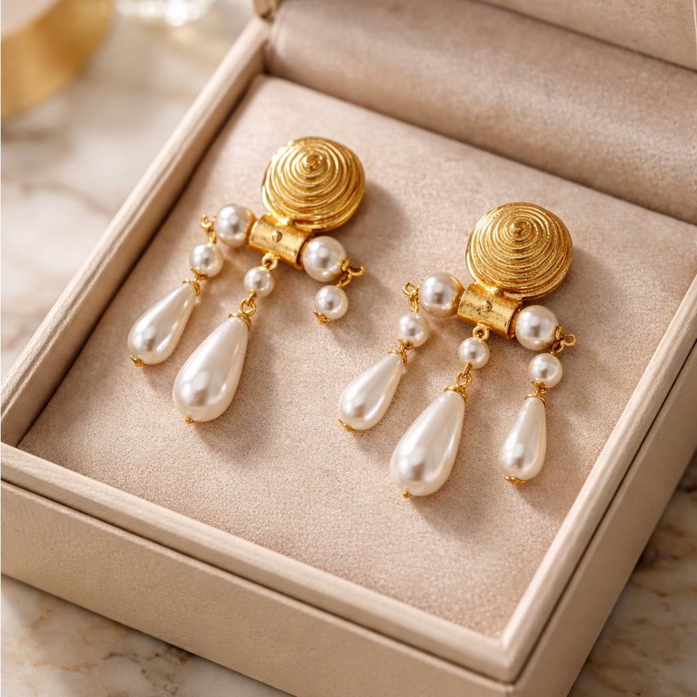 Edouard Rambaud Vintage Gold and Pearl Chandelier Earrings